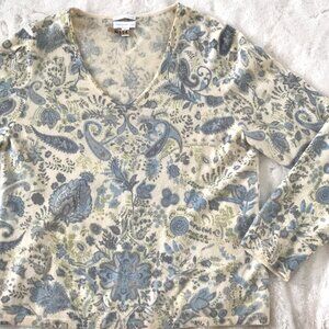 Charter Club Cashmere Sweater Vee Neck Blue & Cream Paisley Pattern S XL 2-ply